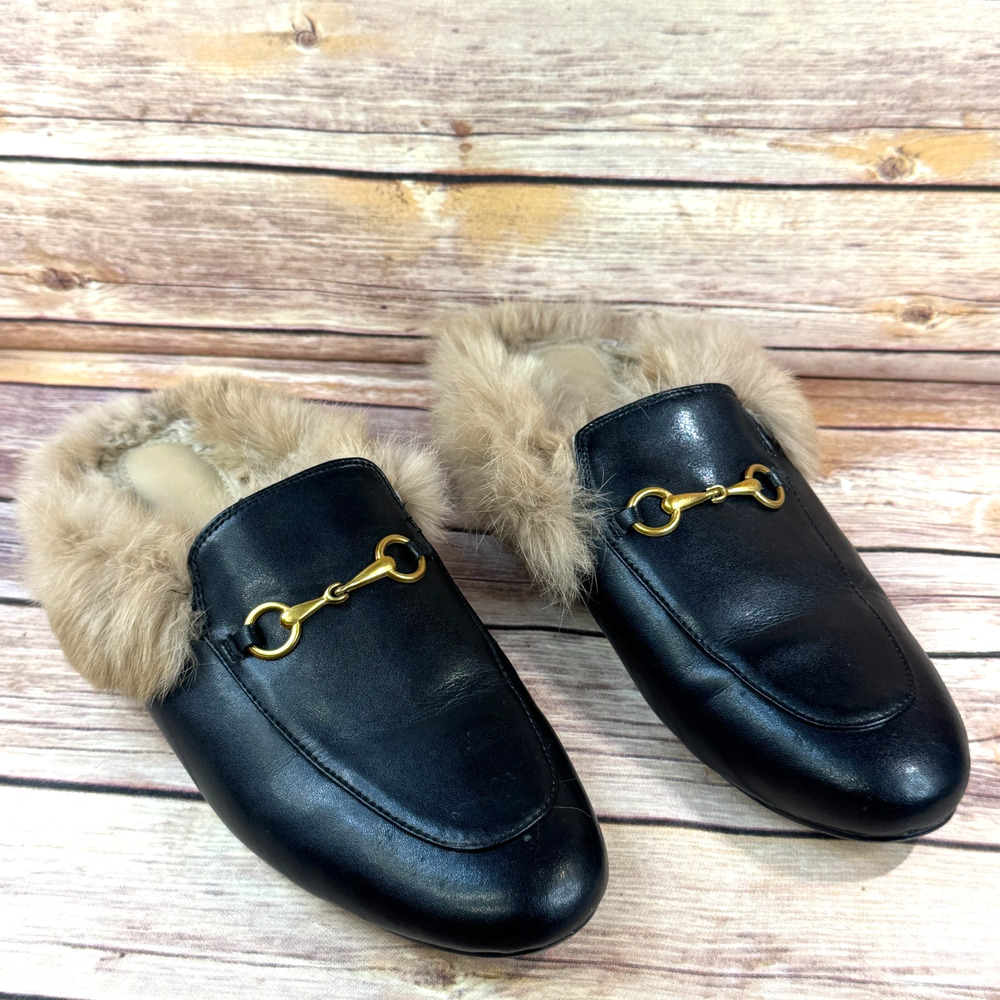 ARQA Womens Black Faux Leather and Fur Horsebit Slip On Loafer Mules 39